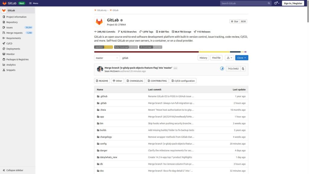 Page de dépôt GitLab avec historique de commits, branches et pipeline, outil de développement collaboratif.