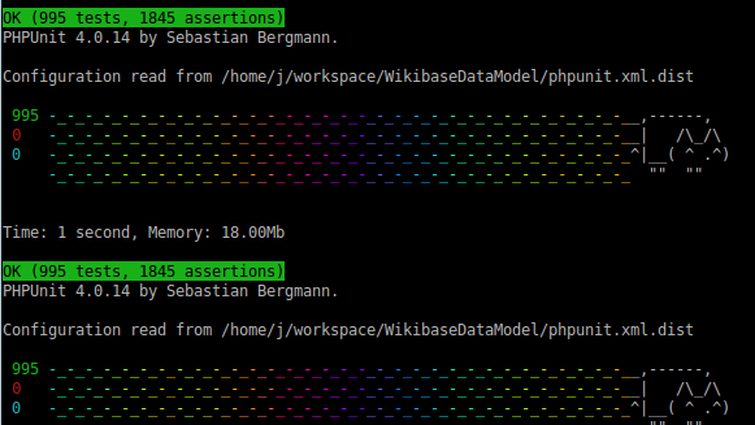Terminal affichant le résultat d'une suite de tests PHPUnit exécutée en boucle, avec le détail des assertions validées.