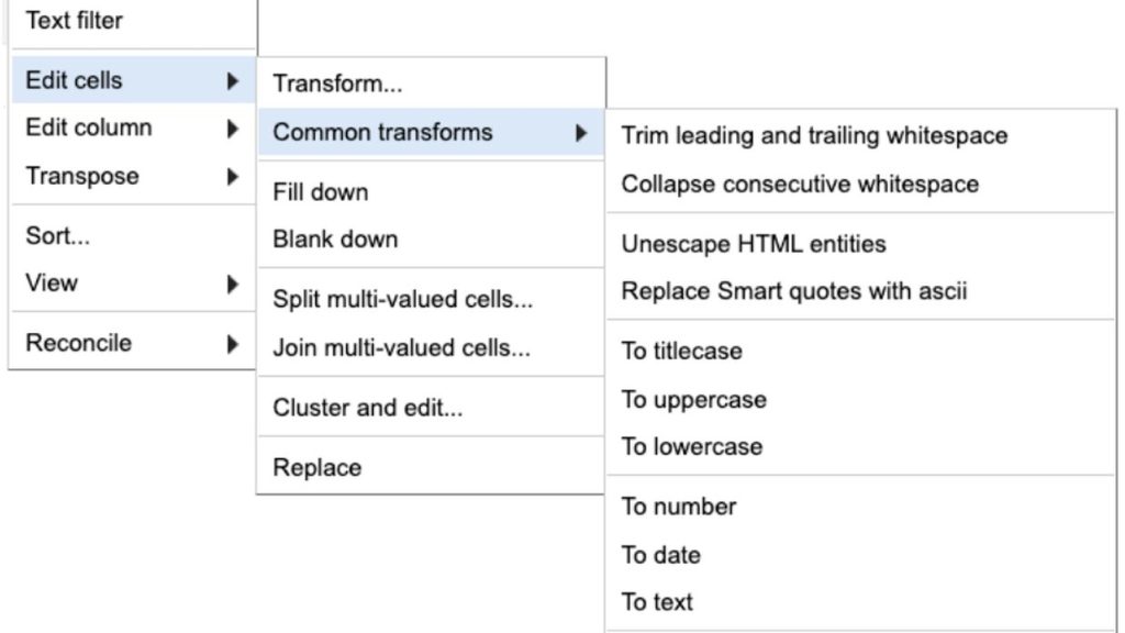 Menu d'OpenRefine, outil de nettoyage et transformation de données, montrant les options de transformation de colonnes.