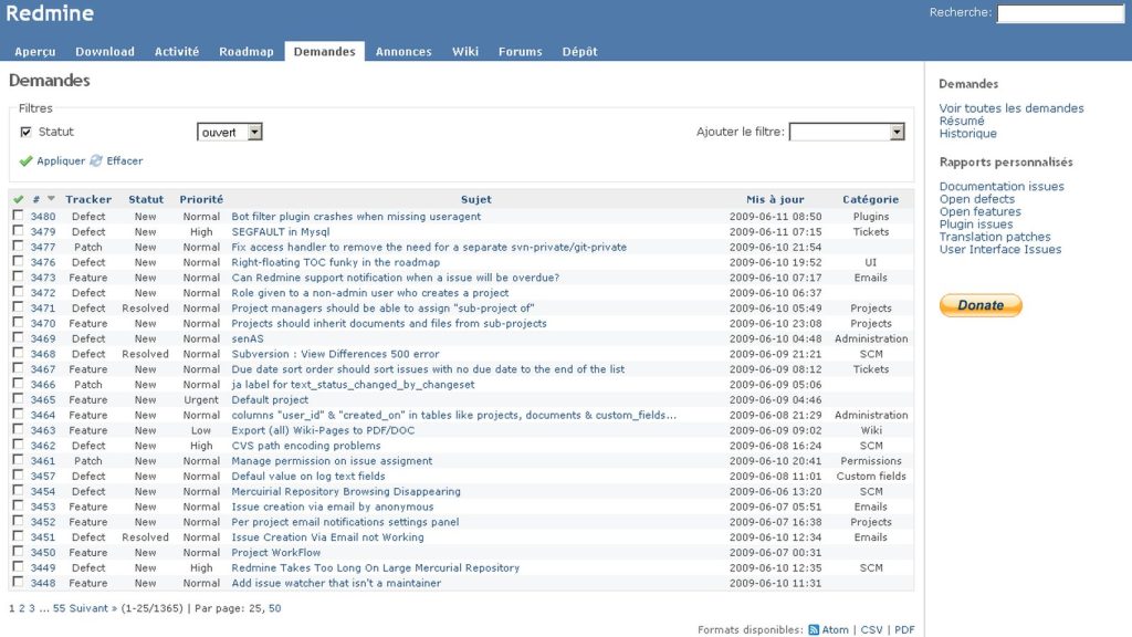 Liste de tickets (bugs, demandes) dans l'outil de suivi Redmine, utilisé pour documenter les causes d'un échec produit.